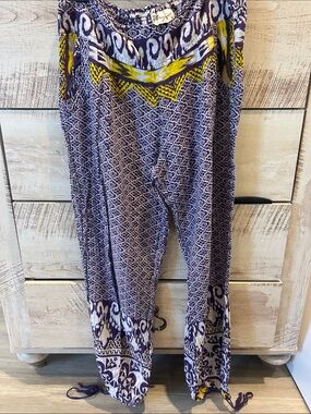 Boho Print Drawstring Women's Pants in Purple and Yellow